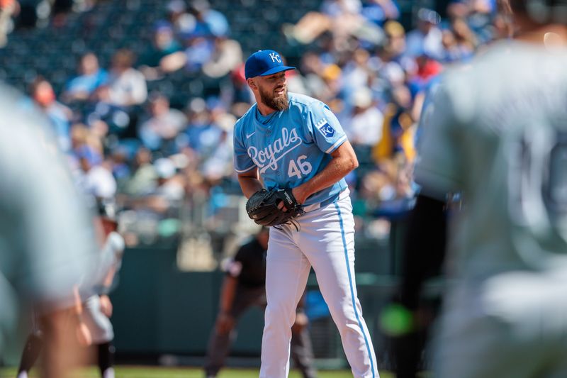 Apr 7, 2024; Kansas City, Missouri, USA; Kansas City Royals pitcher John Schreiber (46) on the mound during the seventh inning against the Chicago White Sox at Kauffman Stadium. Mandatory Credit: William Purnell-USA TODAY Sports