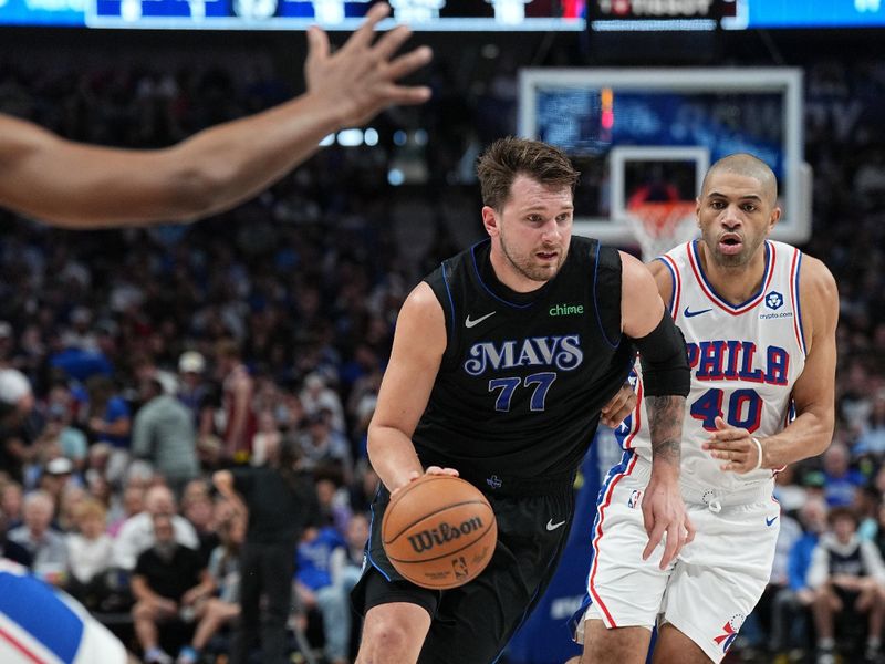 DALLAS, TX - MARCH 3: Luka Doncic #77 of the Dallas Mavericks dribbles the ball during the game against the Philadelphia 76ers on March 3, 2024 at the American Airlines Center in Dallas, Texas. NOTE TO USER: User expressly acknowledges and agrees that, by downloading and or using this photograph, User is consenting to the terms and conditions of the Getty Images License Agreement. Mandatory Copyright Notice: Copyright 2024 NBAE (Photo by Glenn James/NBAE via Getty Images)