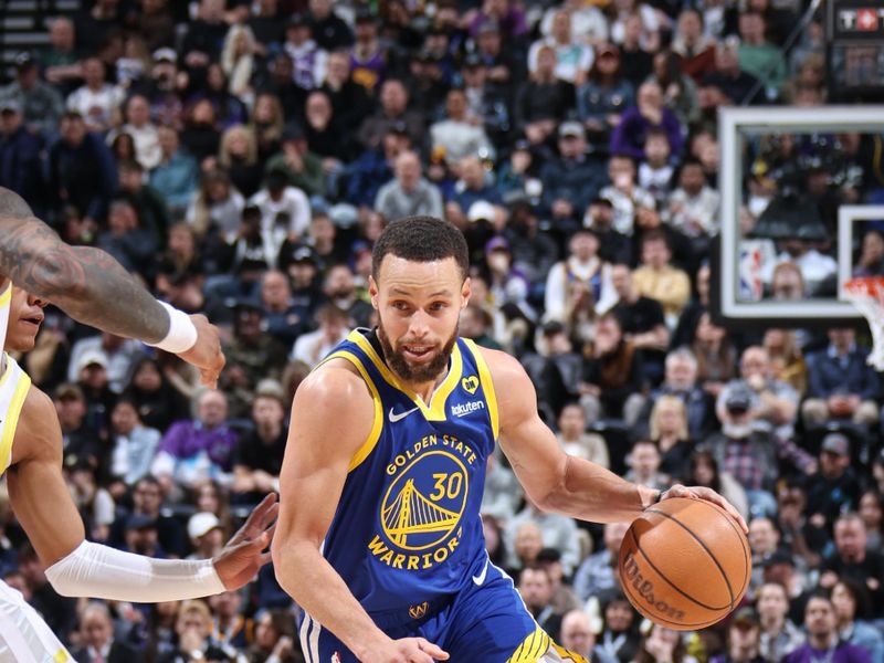 SALT LAKE CITY, UT - FEBRUARY 15: Stephen Curry #30 of the Golden State Warriors drives to the basket during the game against the Utah Jazz on February 15, 2024 at Delta Center in Salt Lake City, Utah. NOTE TO USER: User expressly acknowledges and agrees that, by downloading and or using this Photograph, User is consenting to the terms and conditions of the Getty Images License Agreement. Mandatory Copyright Notice: Copyright 2024 NBAE (Photo by Melissa Majchrzak/NBAE via Getty Images)