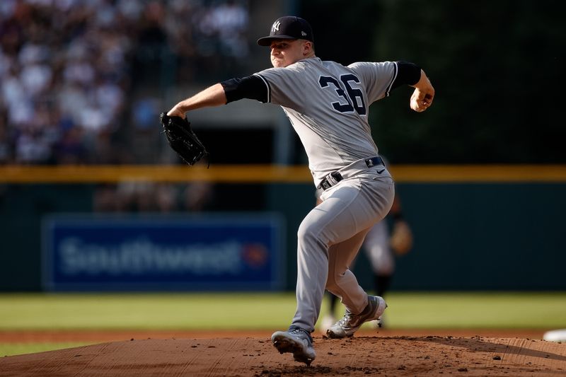 Jul 15, 2023; Denver, Colorado, USA; New York Yankees starting pitcher Clarke Schmidt (36) pitches in the first inning against the Colorado Rockies at Coors Field. Mandatory Credit: Isaiah J. Downing-USA TODAY Sports