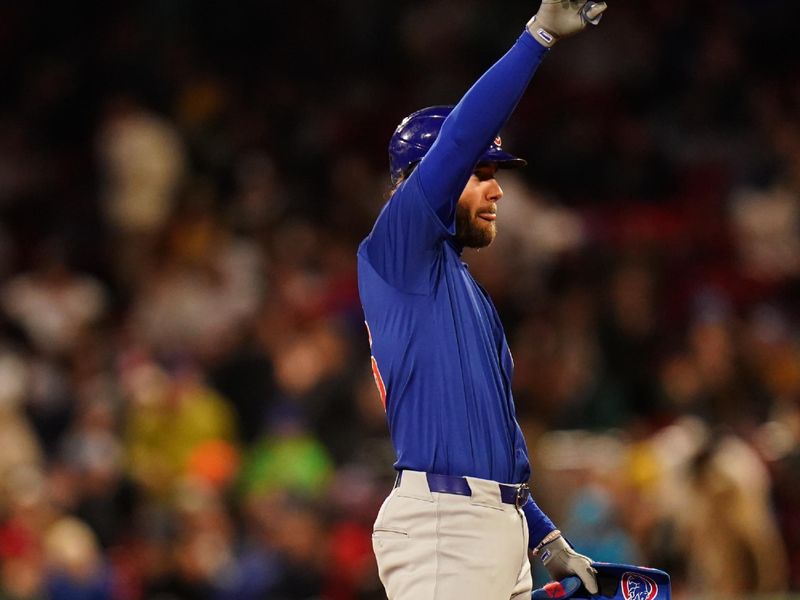 Apr 26, 2024; Boston, Massachusetts, USA; Chicago Cubs right fielder Patrick Wisdom (16) reacts after hitting a double to drive in two runs against the Boston Red Sox in the seventh inning at Fenway Park. Mandatory Credit: David Butler II-USA TODAY Sports