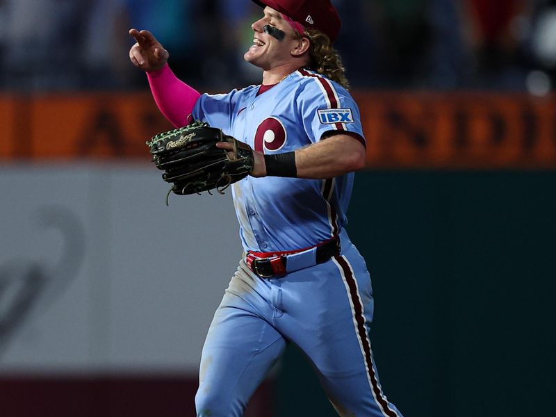 Sep 25, 2025; Philadelphia, Pennsylvania, USA; Philadelphia Phillies outfielder Harrison Bader (2) reacts as he runs off the field after a victory against the Miami Marlins at Citizens Bank Park. Mandatory Credit: Bill Streicher-Imagn Images
