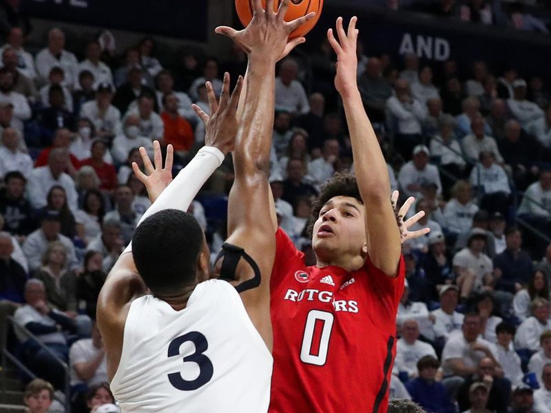 Feb 26, 2023; University Park, Pennsylvania, USA; Rutgers Scarlet Knights guard Derek Simpson (0) shoots the ball as Penn State Nittany Lions forward Kebba Njie (3) defends during the second half at Bryce Jordan Center. Rutgers defeated Penn State 59-56. Mandatory Credit: Matthew OHaren-USA TODAY Sports