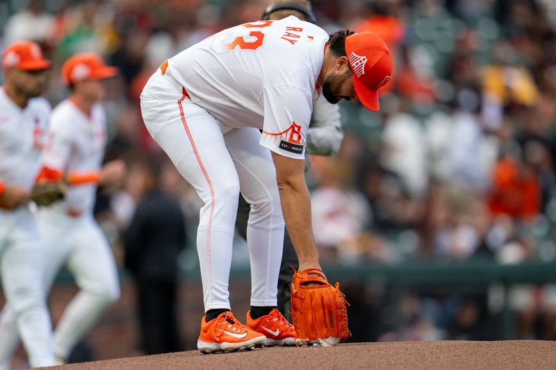 Jul 30, 2024; San Francisco, California, USA;  San Francisco Giants starting pitcher Robbie Ray (23) prepares to pitch against the Oakland Athletics during the first inning at Oracle Park. Mandatory Credit: Neville E. Guard-USA TODAY Sports