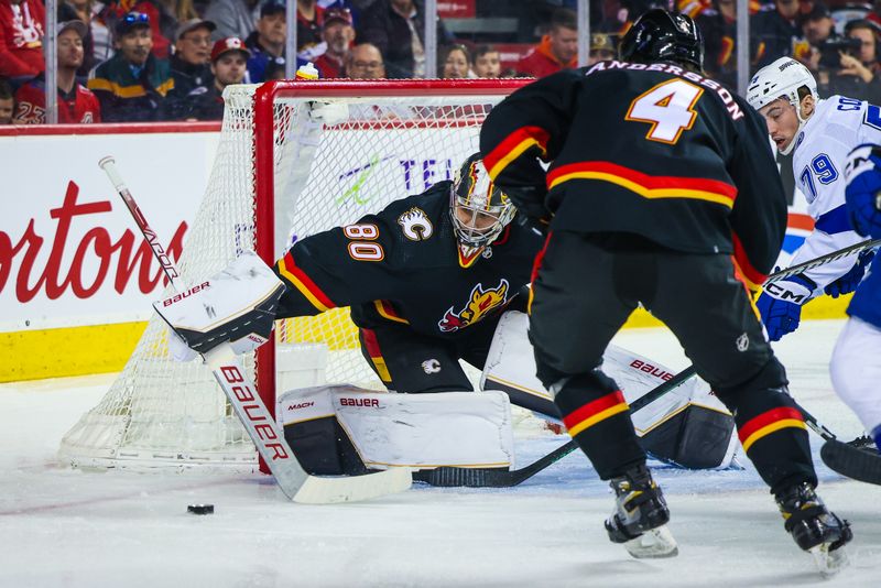 Jan 21, 2023; Calgary, Alberta, CAN; Calgary Flames goaltender Dan Vladar (80) makes a save against Tampa Bay Lightning center Ross Colton (79) during the first period at Scotiabank Saddledome. Mandatory Credit: Sergei Belski-USA TODAY Sports