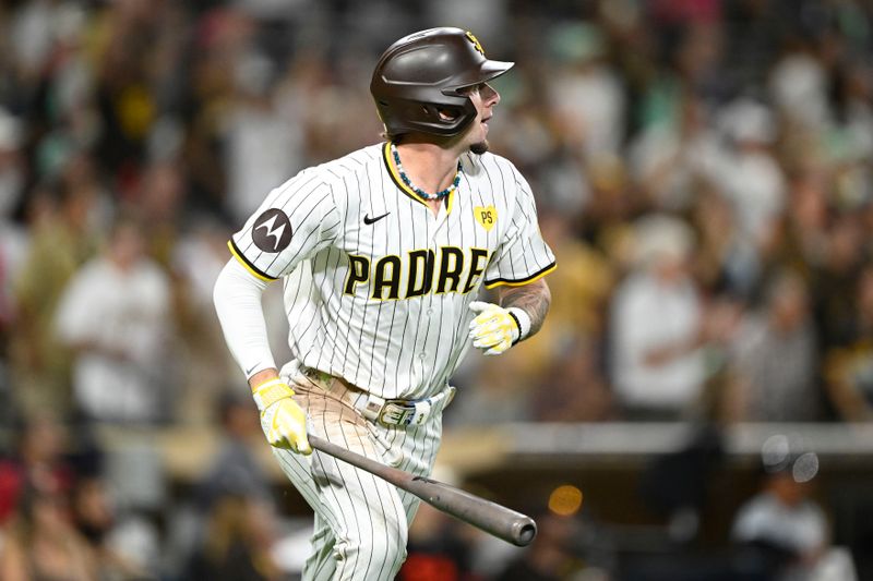 Sep 4, 2024; San Diego, California, USA; San Diego Padres center fielder Jackson Merrill (3) hits a three-run home run during the fourth inning against the Detroit Tigers at Petco Park. Mandatory Credit: Denis Poroy-Imagn Images