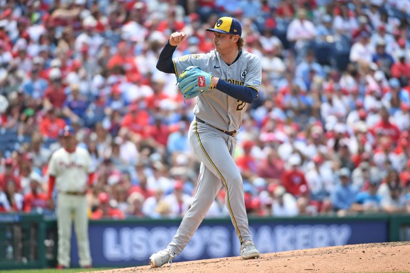 Jun 1, 2025; Philadelphia, Pennsylvania, USA; Milwaukee Brewers pitcher Nick Mears (25) throws a pitch during the sixth inning against the Philadelphia Phillies at Citizens Bank Park. Mandatory Credit: Eric Hartline-Imagn Images