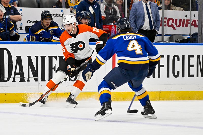 Jan 15, 2024; St. Louis, Missouri, USA;  Philadelphia Flyers defenseman Sean Walker (26) controls the puck as St. Louis Blues defenseman Nick Leddy (4) defends during the first period at Enterprise Center. Mandatory Credit: Jeff Curry-USA TODAY Sports