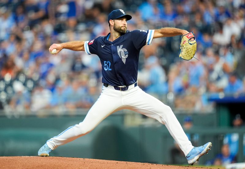 Sep 20, 2024; Kansas City, Missouri, USA; Kansas City Royals starting pitcher Michael Wacha (52) pitches during the first inning against the San Francisco Giants at Kauffman Stadium. Mandatory Credit: Jay Biggerstaff-Imagn Images