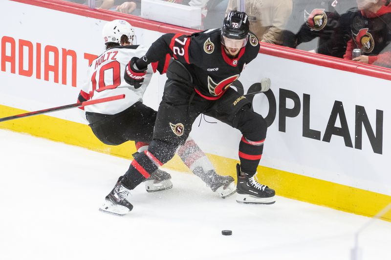 Apr 6, 2024; Ottawa, Ontario, CAN; New Jersey Devils right wing Alexander Holtz (10) battles with Ottawa Senators defenseman Thomas Chabot (72) for control of the puck in the third period at the Canadian Tire Centre. Mandatory Credit: Marc DesRosiers-USA TODAY Sports