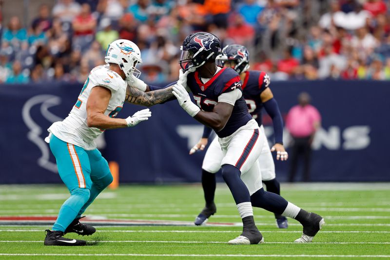 Houston Texans defensive end Ali Gaye (73) in action during an NFL preseason football game against the Miami Dolphins, Saturday, Aug. 19, 2023, in Houston. (AP Photo/Tyler Kaufman)