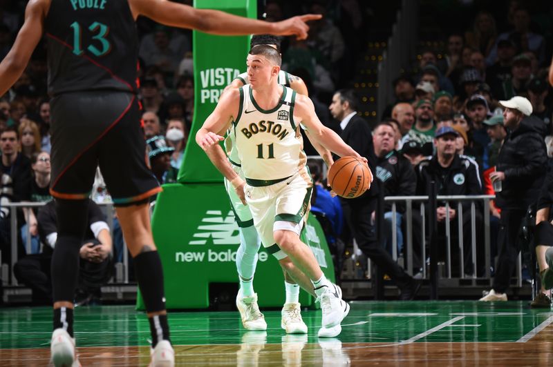 BOSTON, MA - FEBRUARY 9: Payton Pritchard #11 of the Boston Celtics handles the ball during the game against the Washington Wizards on February 9, 2024 at the TD Garden in Boston, Massachusetts. NOTE TO USER: User expressly acknowledges and agrees that, by downloading and or using this photograph, User is consenting to the terms and conditions of the Getty Images License Agreement. Mandatory Copyright Notice: Copyright 2024 NBAE  (Photo by Brian Babineau/NBAE via Getty Images)