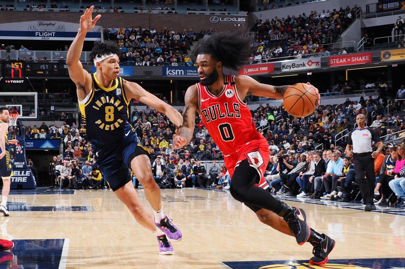 INDIANAPOLIS, IN - JANUARY 8: Coby White #0 of the Chicago Bulls drives to the basket during the game against the Indiana Pacers on January 8, 2025 at Gainbridge Fieldhouse in Indianapolis, Indiana. NOTE TO USER: User expressly acknowledges and agrees that, by downloading and or using this Photograph, user is consenting to the terms and conditions of the Getty Images License Agreement. Mandatory Copyright Notice: Copyright 2025 NBAE (Photo by Ron Hoskins/NBAE via Getty Images)