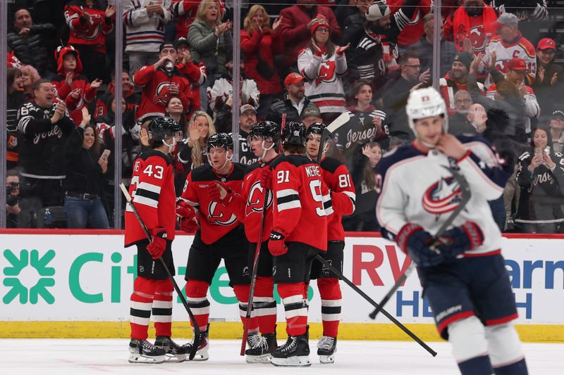 Dec 1, 2025; Newark, New Jersey, USA; New Jersey Devils left wing Ondrej Palat (18) celebrates his goal against the Columbus Blue Jackets during the first period at Prudential Center. Mandatory Credit: Ed Mulholland-Imagn Images