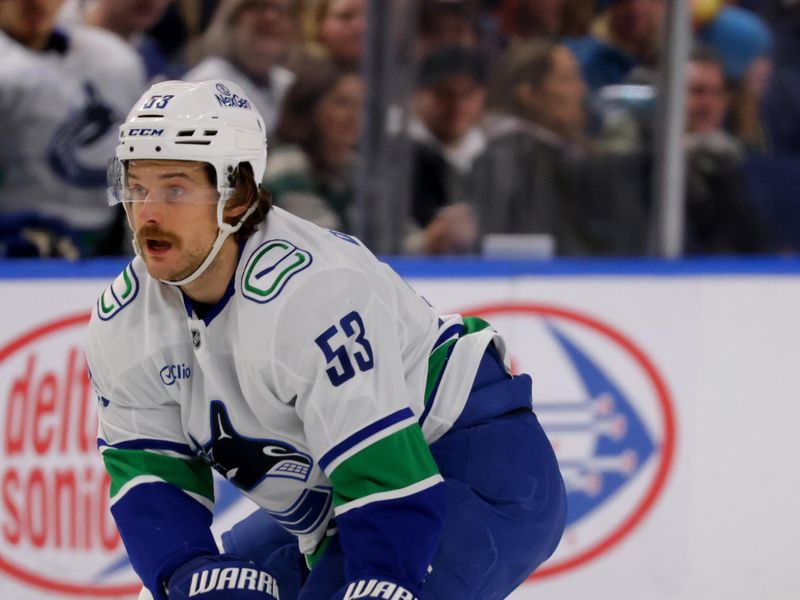 Nov 29, 2024; Buffalo, New York, USA;  Vancouver Canucks center Teddy Blueger (53) looks for the puck during the first period against the Buffalo Sabres at KeyBank Center. Mandatory Credit: Timothy T. Ludwig-Imagn Images