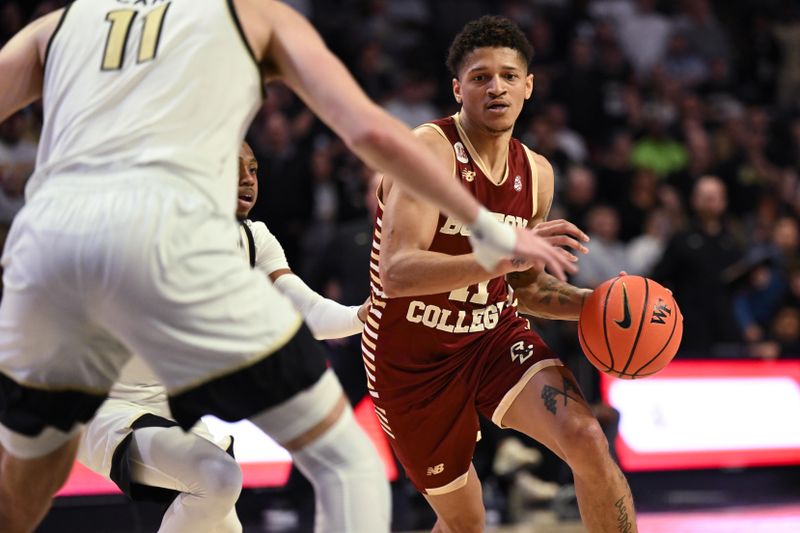 Feb 28, 2023; Winston-Salem, North Carolina, USA; Boston College Eagles guard Makai Ashton-Langford (11) drives to the basket during the second half at Lawrence Joel Veterans Memorial Coliseum. Mandatory Credit: William Howard-USA TODAY Sports
