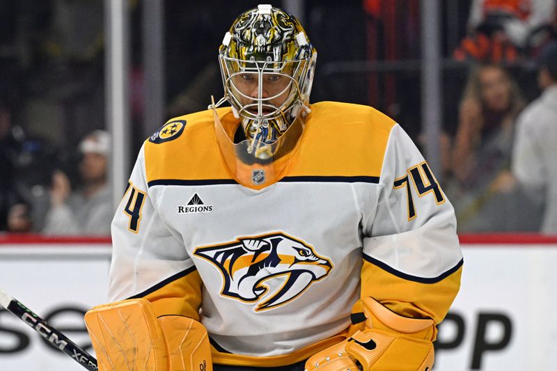 Oct 30, 2025; Philadelphia, Pennsylvania, USA; Nashville Predators goaltender Juuse Saros (74) against the Philadelphia Flyers during the first period at Xfinity Mobile Arena. Mandatory Credit: Eric Hartline-Imagn Images
