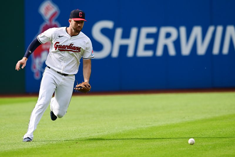 Jun 1, 2024; Cleveland, Ohio, USA; Cleveland Guardians left fielder David Fry (6) chases down an RBI single hit by Washington Nationals designated hitter Jesse Winker (not pictured) during the fourth inning at Progressive Field. Mandatory Credit: Ken Blaze-USA TODAY Sports