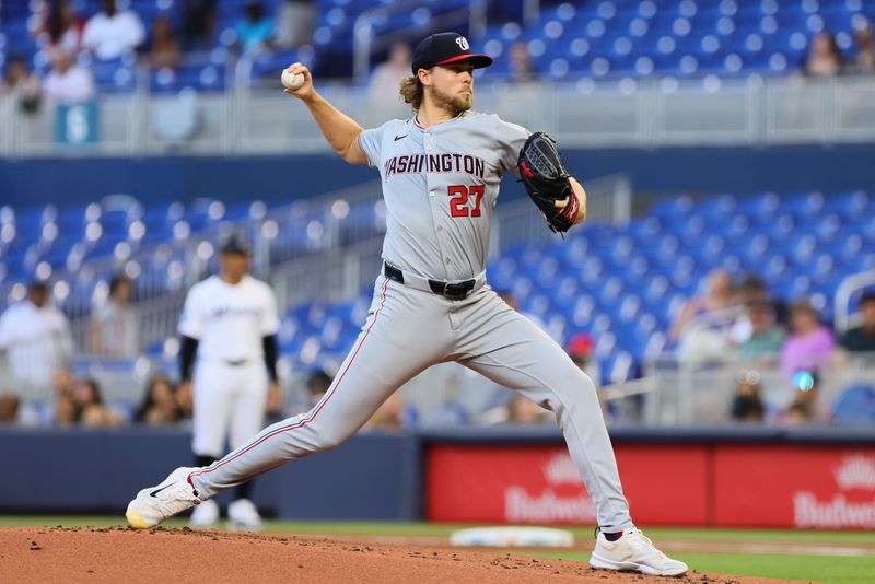 Apr 29, 2024; Miami, Florida, USA; Washington Nationals starting pitcher Jake Irvin (27) delivers a pitch against the Miami Marlins during the first inning at loanDepot Park. Mandatory Credit: Sam Navarro-USA TODAY Sports