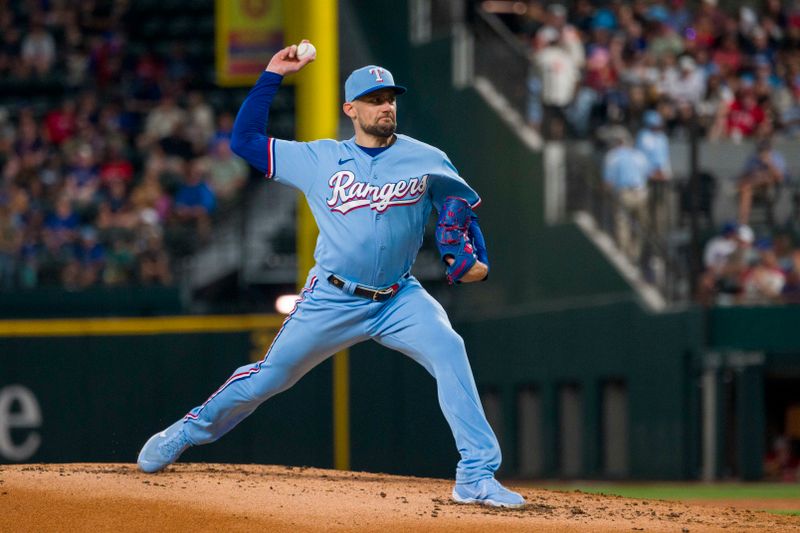 Sep 24, 2023; Arlington, Texas, USA; Texas Rangers starting pitcher Nathan Eovaldi (17) pitches against the Seattle Mariners during the third inning at Globe Life Field. Mandatory Credit: Jerome Miron-USA TODAY Sports