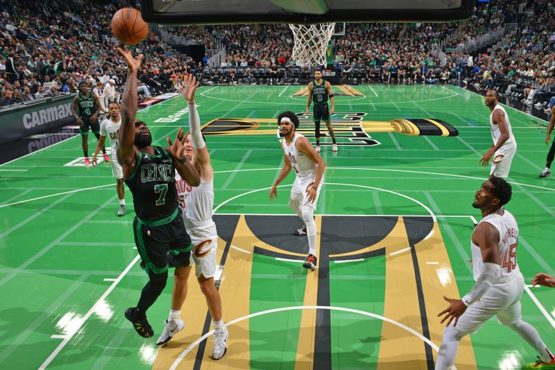 BOSTON, MA - NOVEMBER 19: Jaylen Brown #7 of the Boston Celtics drives to the basket during the game against the Cleveland Cavaliers during the Emirates NBA Cup game on November 19, 2024 at TD Garden in Boston, Massachusetts. NOTE TO USER: User expressly acknowledges and agrees that, by downloading and/or using this Photograph, user is consenting to the terms and conditions of the Getty Images License Agreement. Mandatory Copyright Notice: Copyright 2024 NBAE (Photo by Jesse D. Garrabrant/NBAE via Getty Images)