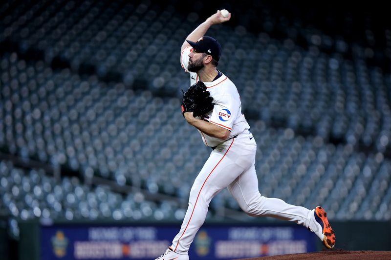 Aug 4, 2024; Houston, Texas, USA; Houston Astros starting pitcher Justin Verlander (35) warms up prior to the game against the Tampa Bay Rays at Minute Maid Park. Mandatory Credit: Erik Williams-USA TODAY Sports