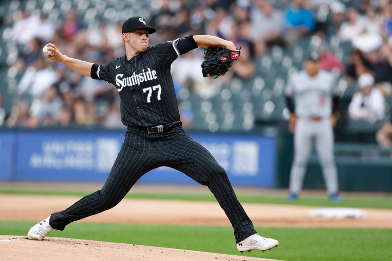 Jul 8, 2024; Chicago, Illinois, USA; Chicago White Sox starting pitcher Chris Flexen (77) delivers a pitch against the Minnesota Twins during the first inning at Guaranteed Rate Field. Mandatory Credit: Kamil Krzaczynski-USA TODAY Sports