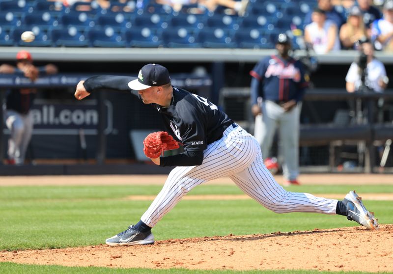 Feb 26, 2026; Tampa, Florida, USA;  New York Yankees pitcher Cade Winquest (80) throws a pitch during the fourth inning against the Atlanta Braves at George M. Steinbrenner Field. Mandatory Credit: Kim Klement Neitzel-Imagn Images