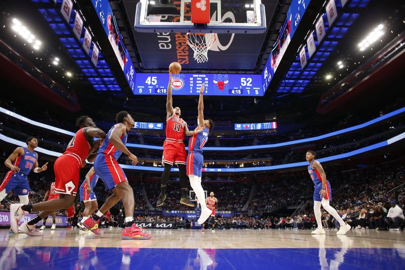 DETROIT, MI - APRIL 11: DeMar DeRozan #11 of the Chicago Bulls shoots the ball during the game against the Detroit Pistons on April 11, 2024 at Little Caesars Arena in Detroit, Michigan. NOTE TO USER: User expressly acknowledges and agrees that, by downloading and/or using this photograph, User is consenting to the terms and conditions of the Getty Images License Agreement. Mandatory Copyright Notice: Copyright 2024 NBAE (Photo by Brian Sevald/NBAE via Getty Images)