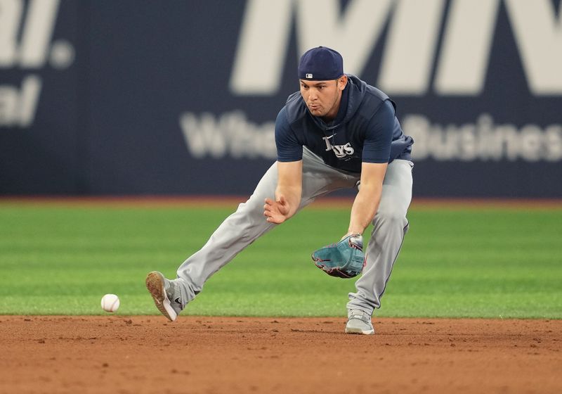 Jul 23, 2024; Toronto, Ontario, CAN; Tampa Bay Rays catcher Alex Jackson (28) fields balls during batting practice before a game against the Toronto Blue Jays at Rogers Centre. Mandatory Credit: Nick Turchiaro-USA TODAY Sports