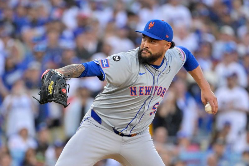 Oct 20, 2024; Los Angeles, California, USA; New York Mets pitcher Sean Manaea (59) pitches against the Los Angeles Dodgers in the first inning during game six of the NLCS for the 2024 MLB playoffs at Dodger Stadium. Mandatory Credit: Jayne Kamin-Oncea-Imagn Images