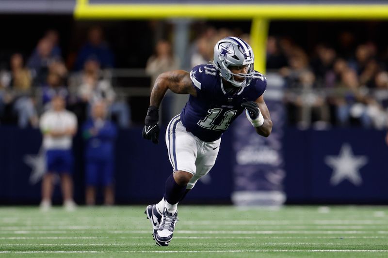 FILE - Dallas Cowboys linebacker Micah Parsons (11) rushes during an NFL football game against the Detroit Lions, Saturday, Dec. 30, 2023, in Arlington, Texas. (AP Photo/Matt Patterson, File)