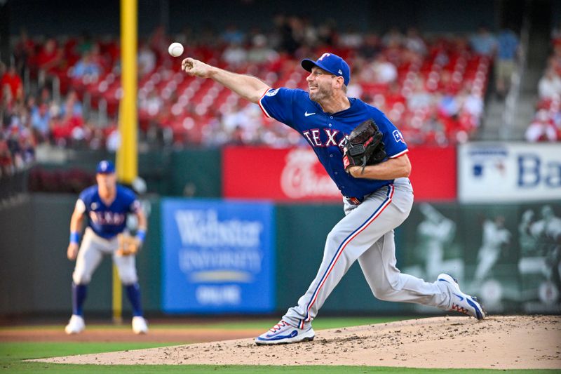 Jul 30, 2024; St. Louis, Missouri, USA;  Texas Rangers starting pitcher Max Scherzer (31) pitches against the St. Louis Cardinals during the first inning at Busch Stadium. Mandatory Credit: Jeff Curry-USA TODAY Sports