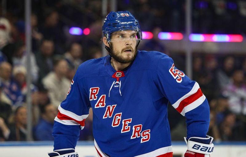 Jan 18, 2025; New York, New York, USA; New York Rangers defenseman Ryan Lindgren (55) skates against the Columbus Blue Jackets during the second period at Madison Square Garden. Mandatory Credit: Danny Wild-Imagn Images