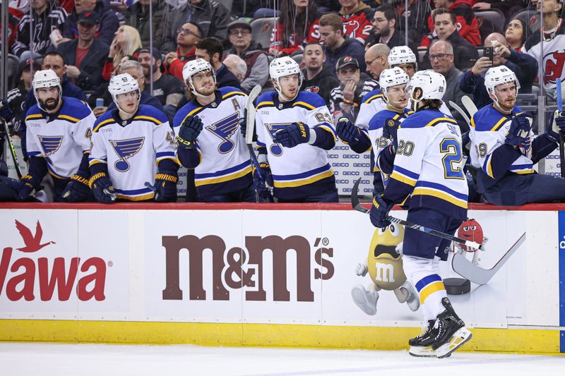 Mar 7, 2024; Newark, New Jersey, USA; St. Louis Blues left wing Brandon Saad (20) celebrates his goal with teammates during the second period against the New Jersey Devils at Prudential Center. Mandatory Credit: Vincent Carchietta-USA TODAY Sports