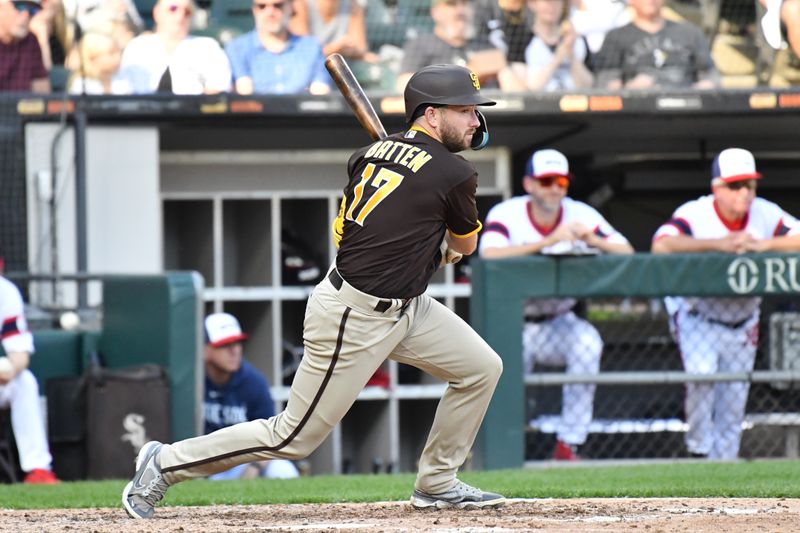 Oct 1, 2023; Chicago, Illinois, USA; San Diego Padres second baseman Matthew Batten (17) hits a single during the sixth inning against the Chicago White Sox at Guaranteed Rate Field. Mandatory Credit: Patrick Gorski-USA TODAY Sports