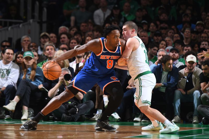 BOSTON, MA - MAY 5: OG Anunoby #8 of the New York Knicks drives to the basket during the game against the Boston Celtics during Round Two Game One of the 2025 NBA Playoffs on May 5, 2025 at TD Garden in Boston, Massachusetts. NOTE TO USER: User expressly acknowledges and agrees that, by downloading and/or using this Photograph, user is consenting to the terms and conditions of the Getty Images License Agreement. Mandatory Copyright Notice: Copyright 2025 NBAE (Photo by Brian Babineau/NBAE via Getty Images)