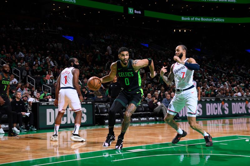 BOSTON, MA - NOVEMBER 25: Jayson Tatum #0 of the Boston Celtics handles the ball during the game against the LA Clippers on November 25, 2024 at TD Garden in Boston, Massachusetts. NOTE TO USER: User expressly acknowledges and agrees that, by downloading and/or using this Photograph, user is consenting to the terms and conditions of the Getty Images License Agreement. Mandatory Copyright Notice: Copyright 2024 NBAE (Photo by Brian Babineau/NBAE via Getty Images)