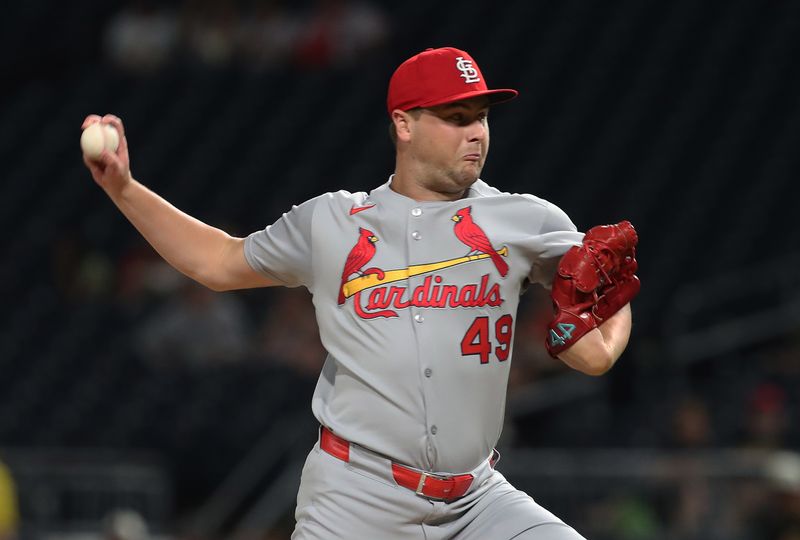 Jun 30, 2025; Pittsburgh, Pennsylvania, USA;  St. Louis Cardinals relief pitcher Matt Svanson (49) pitches against the Pittsburgh Pirates during the seventh inning at PNC Park. Mandatory Credit: Charles LeClaire-Imagn Images