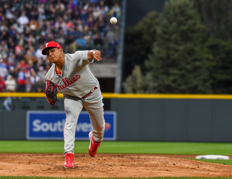 May 13, 2023; Denver, Colorado, USA; Philadelphia Phillies starting pitcher Ranger Suarez (55) delivers a pitch in the first inning against the Colorado Rockies at Coors Field. Mandatory Credit: John Leyba-USA TODAY Sports