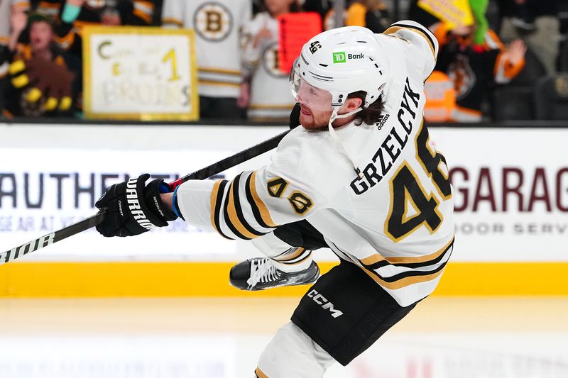 Jan 11, 2024; Las Vegas, Nevada, USA; Boston Bruins defenseman Matt Grzelcyk (48) warms up before a game against the Vegas Golden Knights at T-Mobile Arena. Mandatory Credit: Stephen R. Sylvanie-USA TODAY Sports