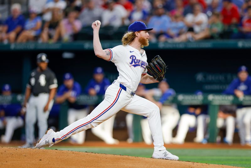 Jul 23, 2024; Arlington, Texas, USA; Texas Rangers pitcher Jon Gray (22) throws during the third inning against the Chicago White Sox at Globe Life Field. Mandatory Credit: Andrew Dieb-USA TODAY Sports