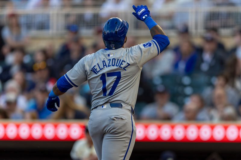 May 29, 2024; Minneapolis, Minnesota, USA; Kansas City Royals designated hitter Nelson Velazquez (17) celebrates hitting a solo home run against the Minnesota Twins in the fifth inning at Target Field. Mandatory Credit: Jesse Johnson-USA TODAY Sports