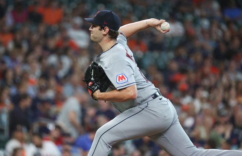 Aug 1, 2023; Houston, Texas, USA; Cleveland Guardians starting pitcher Gavin Williams (63) delivers a pitch during the first inning against the Houston Astros at Minute Maid Park. Mandatory Credit: Troy Taormina-USA TODAY Sports