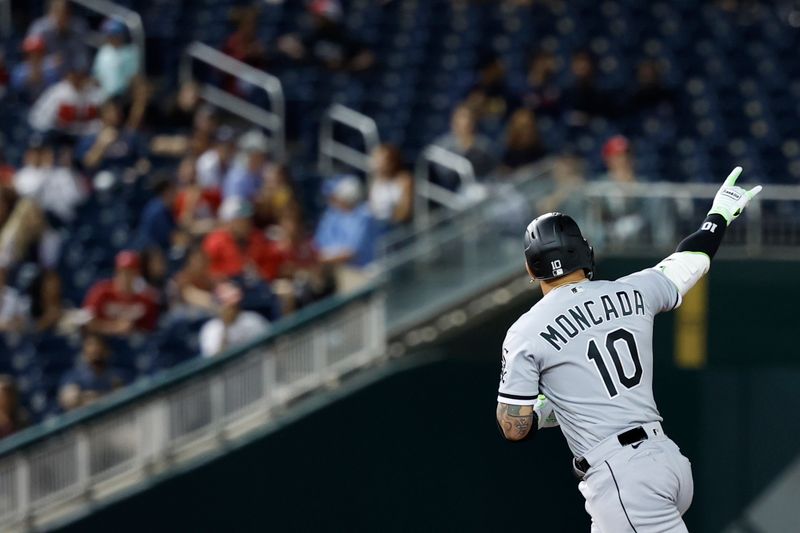 Sep 19, 2023; Washington, District of Columbia, USA; Chicago White Sox third baseman Yoan Moncada (10) gestures to his bullpen while rounding the bases after hitting a home run against the Washington Nationals during the seventh inning at Nationals Park. Mandatory Credit: Geoff Burke-USA TODAY Sports