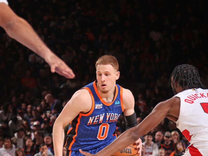 NEW YORK, NY - JANUARY 20: Donte Divincenzo #0 of the New York Knicks dribbles the ball during the game against the Toronto Raptors on January 20, 2024 at Madison Square Garden in New York City, New York.  NOTE TO USER: User expressly acknowledges and agrees that, by downloading and or using this photograph, User is consenting to the terms and conditions of the Getty Images License Agreement. Mandatory Copyright Notice: Copyright 2024 NBAE  (Photo by Nathaniel S. Butler/NBAE via Getty Images)