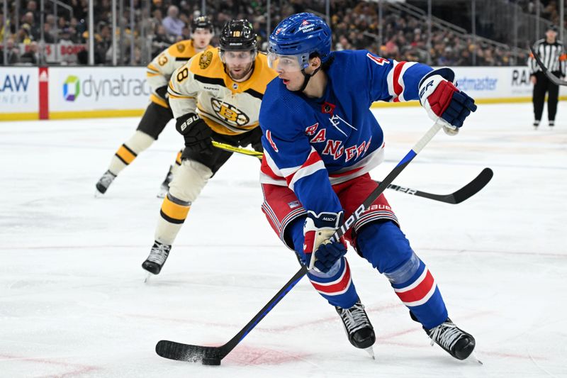 Mar 21, 2024; Boston, Massachusetts, USA; New York Rangers defenseman Braden Schneider (4) skates against the Boston Bruins during the third period at the TD Garden. Mandatory Credit: Brian Fluharty-USA TODAY Sports