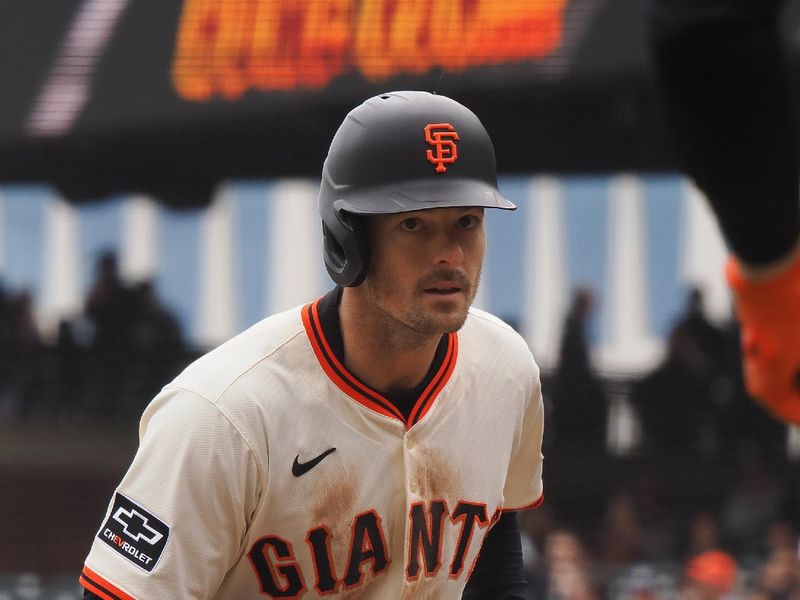 Apr 24, 2025; San Francisco, California, USA; San Francisco Giants right fielder Mike Yastrzemski (5) looks to teammate after hitting a solo home run against the Milwaukee Brewers during the third inning at Oracle Park. Mandatory Credit: Kelley L Cox-Imagn Images