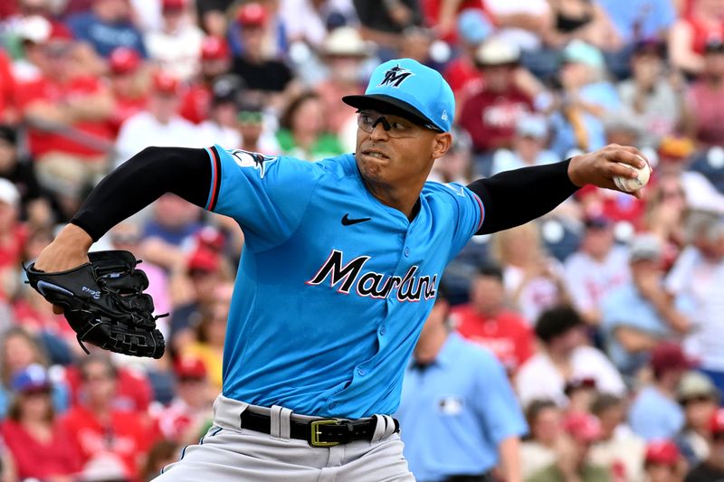 Mar 1, 2024; Clearwater, Florida, USA;  Miami Marlins  pitcher Jesus Luzardo (44) throws a pitch in the first inning of the spring training game against the Philadelphia Phillies at BayCare Ballpark. Mandatory Credit: Jonathan Dyer-USA TODAY Sports