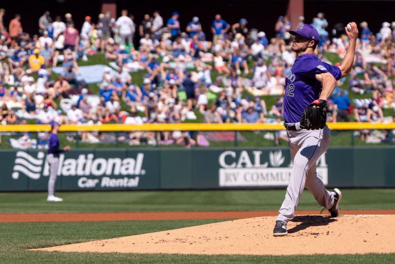 Mar 9, 2024; Mesa, Arizona, USA; Colorado Rockies starting pitcher Dakota Hudson (32) throws against the Chicago Cubs in the first inning during a spring training game between at Sloan Park. Mandatory Credit: Allan Henry-USA TODAY Sports